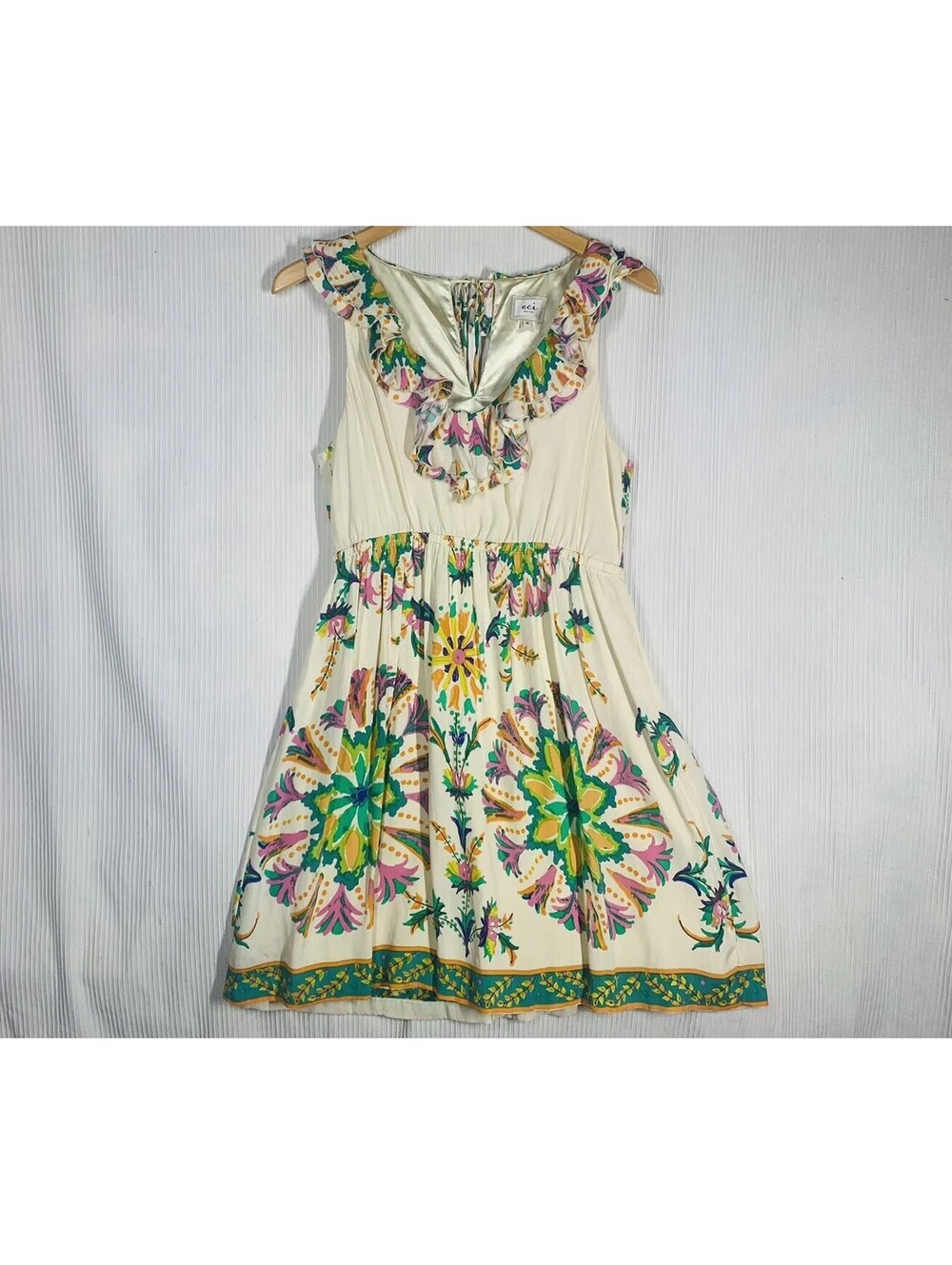 Vtg Y2K Colorful Silk Dress Border Print Eci L 12 Sleeveless Ruffle Mini NWOT